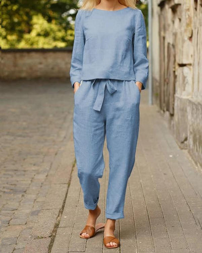 NTG Fad Blue / US6 Autumn Solid Color Top And Tie Trousers Suit