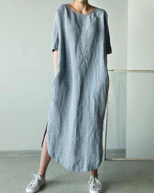 NTG Fad Blue / US6 Solid Short Sleeve Straight Slit Linen Dresses