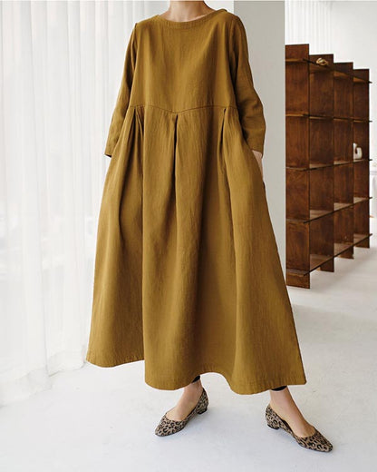 NTG Fad Brown / S Elegant Round Neck Loose Cotton Linen Dress