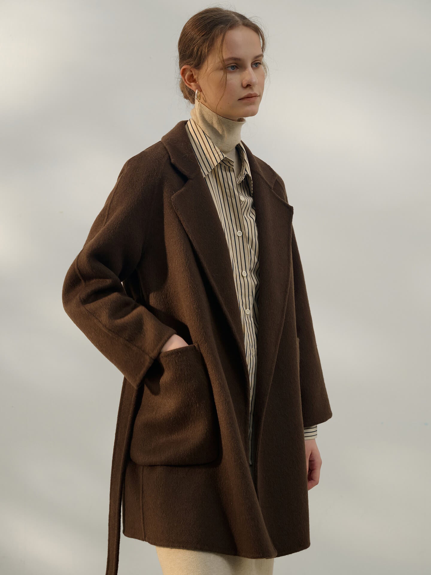 NTG Fad Brown / S Solid Color Long Pure Wool Coat