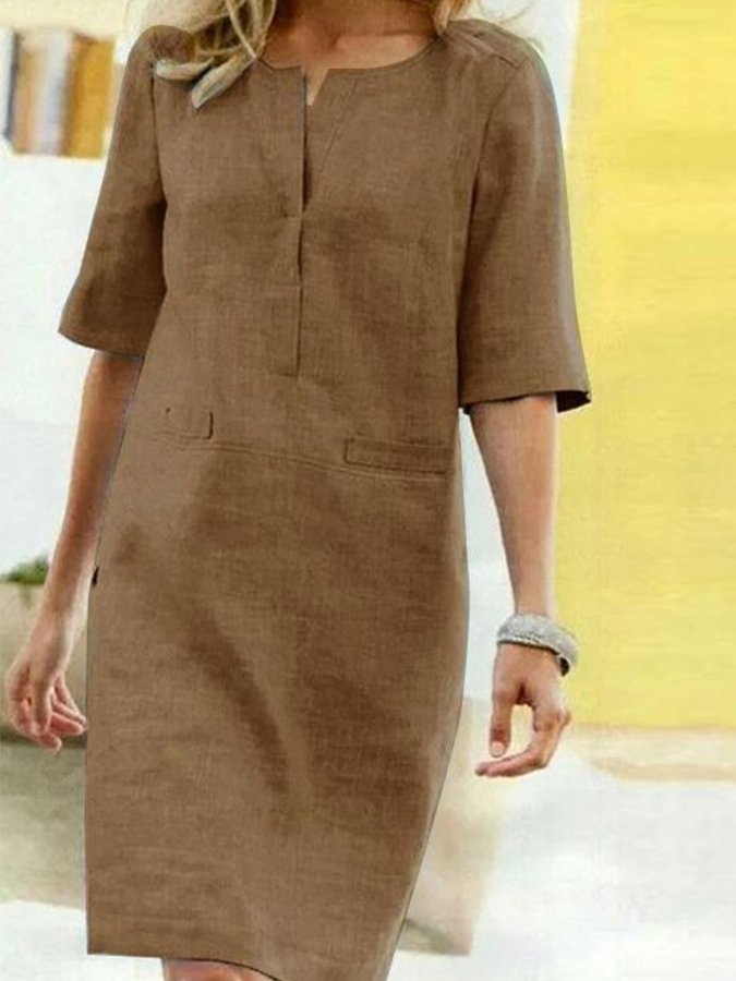 NTG Fad Brown / S Women's Cotton Linen Short Sleeve Dress