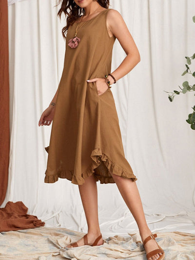NTG Fad Brown / S Women's Solid Color Pocket Pleated Cotton Linen Dress