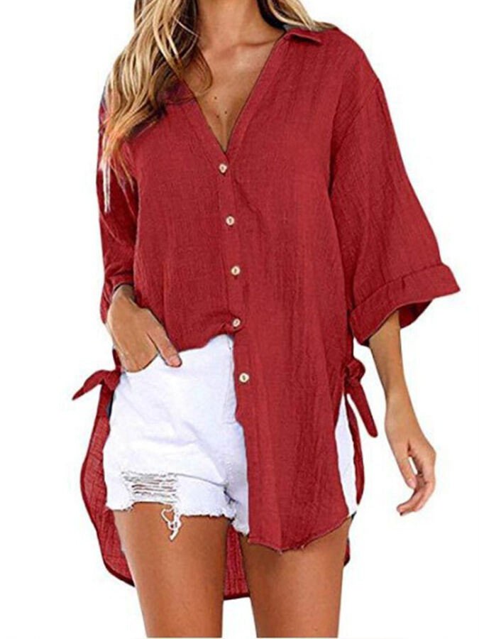 NTG Fad Burgundy / M Ladies Cotton Linen Irregular Casual Shirt