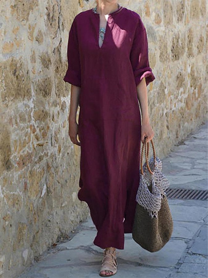 NTG Fad Burgundy / M Women's Cotton Linen Casual Slit Pocket Dress