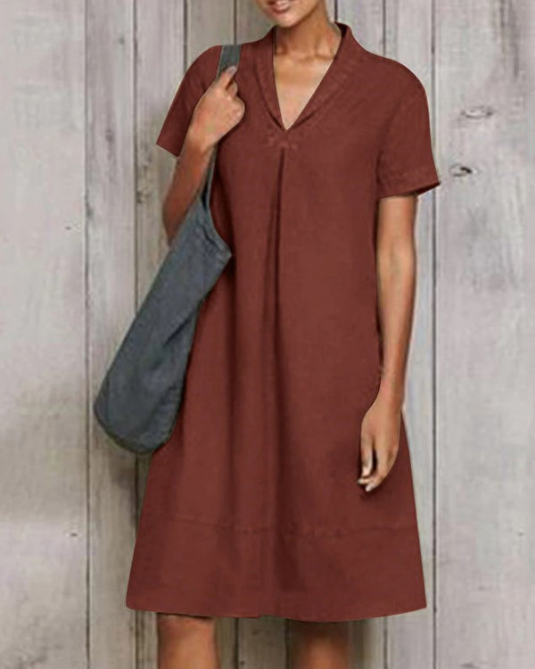 NTG Fad Burgundy / S Casual Short Sleeve Pure Linen Mini Dress