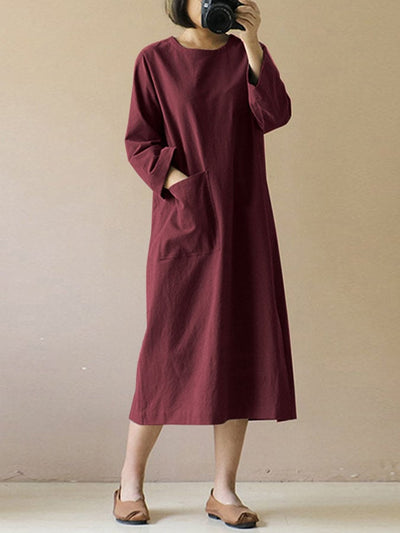 NTG Fad Burgundy / S Cotton Linen V-Neck Pocket Dress