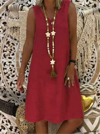 NTG Fad Burgundy / S Ladies Cotton Linen V-Neck Sleeveless Tank Dress