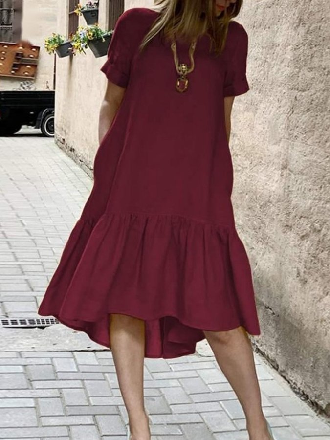 NTG Fad Burgundy / S Women's Casual Elegant Ruffled Stitching Cotton Dress