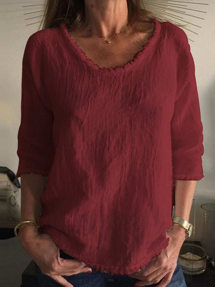 NTG Fad Burgundy / S Women's Cotton Linen Solid Color Casual Loose Crew Neck T-Shirt