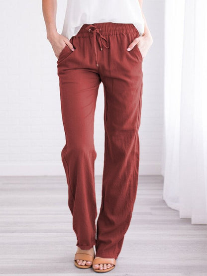 NTG Fad Burgundy / S Women's Solid Color Cotton Linen Loose Casual Trousers