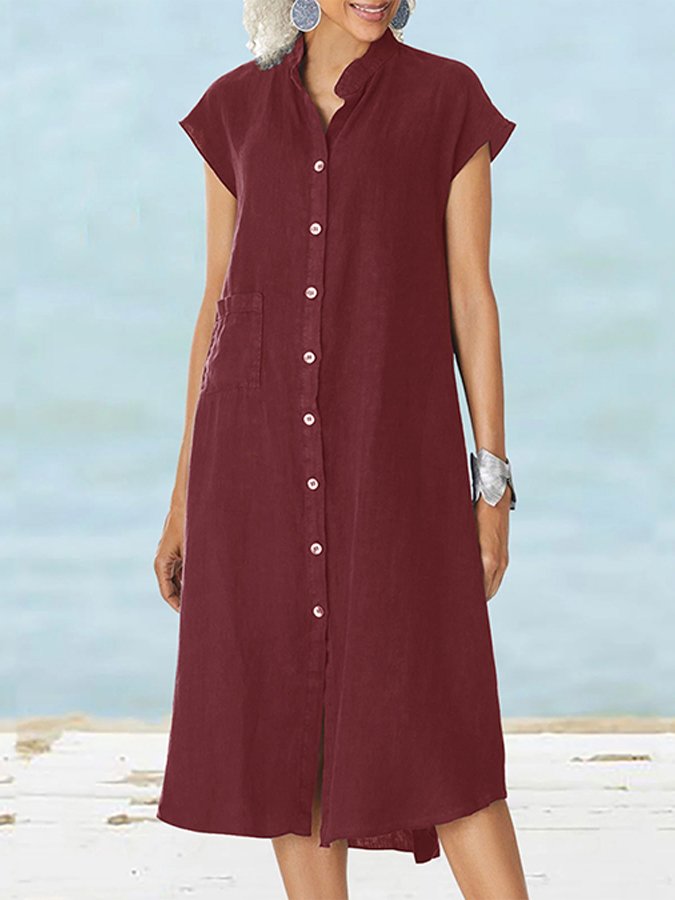 NTG Fad Burgundy / S Women's Solid Color Elegant Single-Breasted Cotton Linen Dress