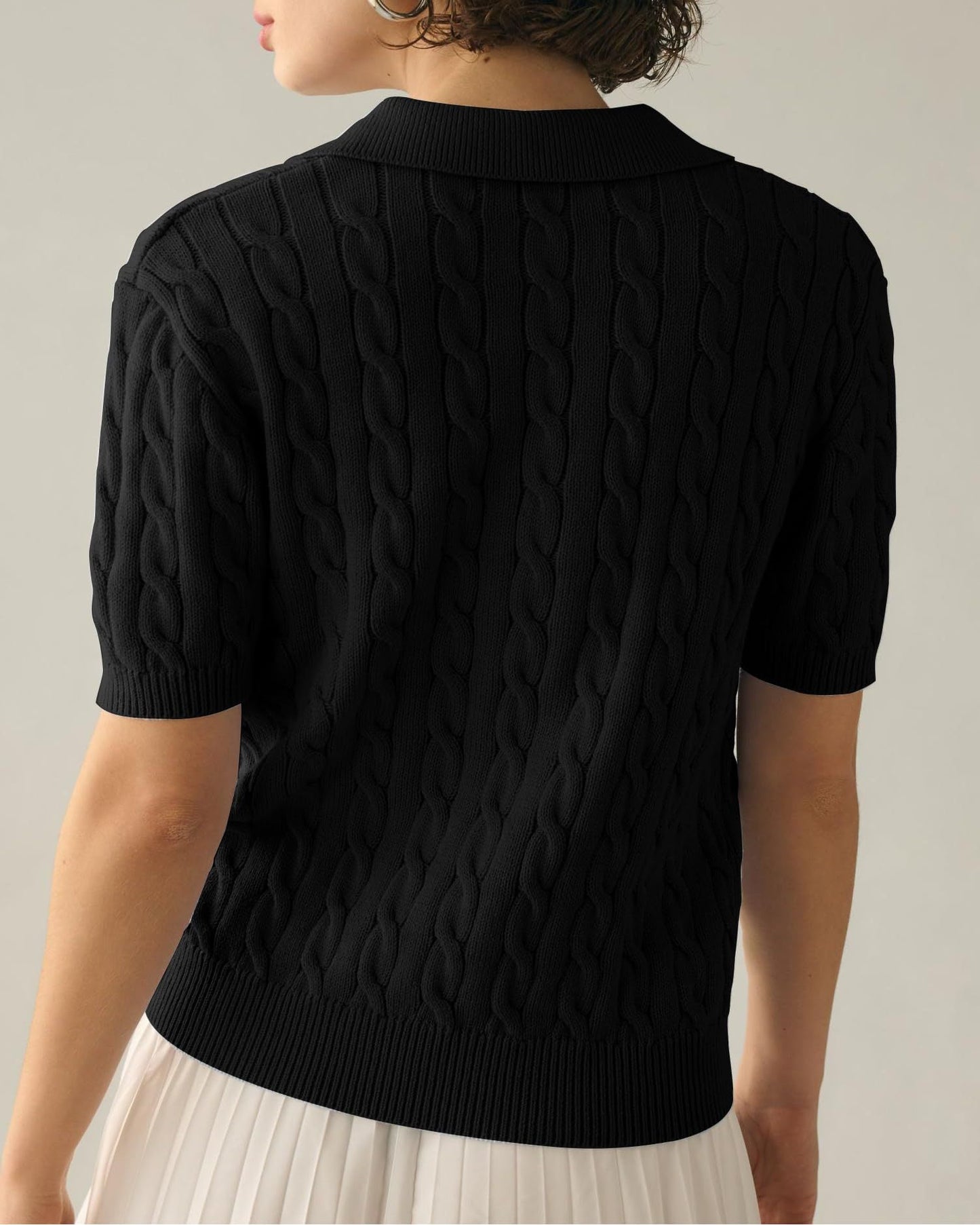 NTG Fad Cable Short Sleeve Solid Lapel V Neck Knit Sweater