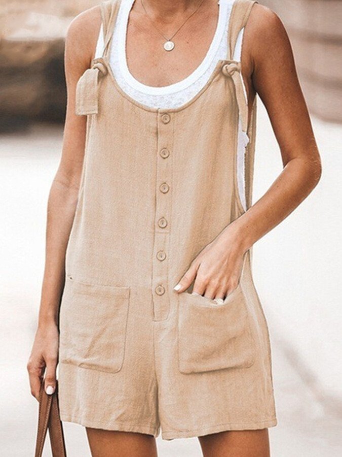 NTG Fad Camel / S Ladies Spring/Summer Solid Color Round Neck Button Loose Short Jumpsuit
