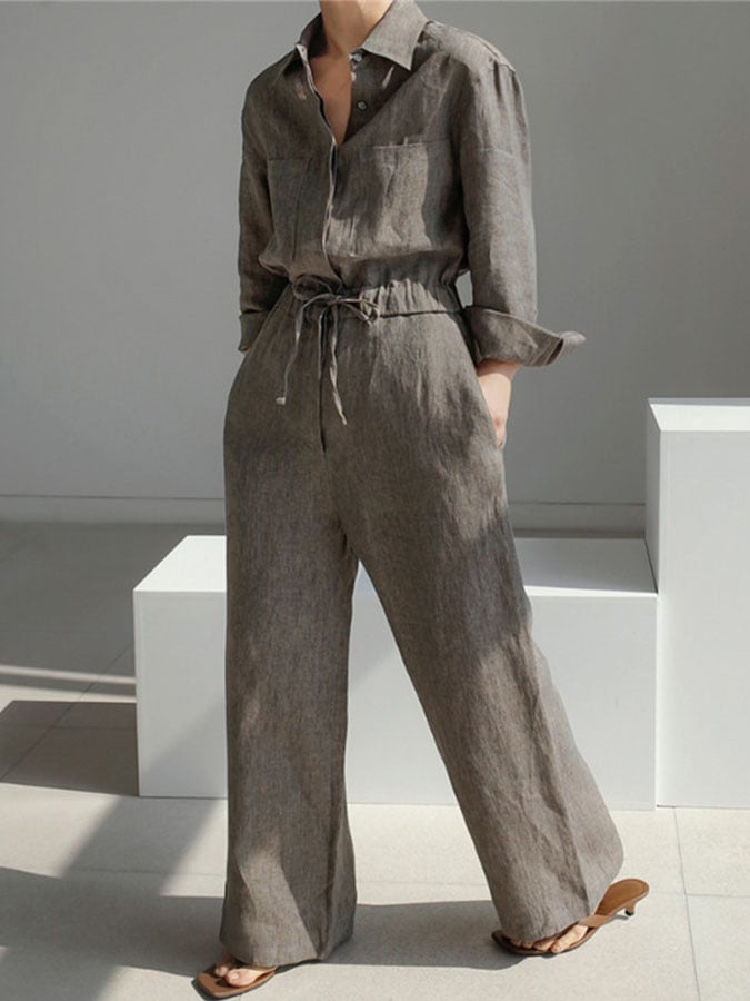 NTG Fad Casual Cotton And Linen Multi-Pocket Jumpsuit