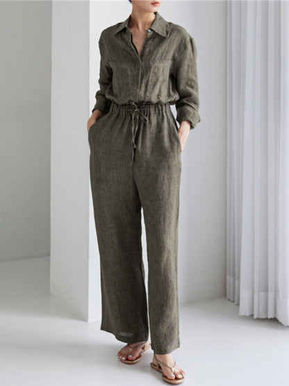 NTG Fad Casual Cotton And Linen Multi-Pocket Jumpsuit