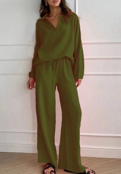 NTG Fad Casual loose long-sleeved lapel top + drawstring trousers two-piece set