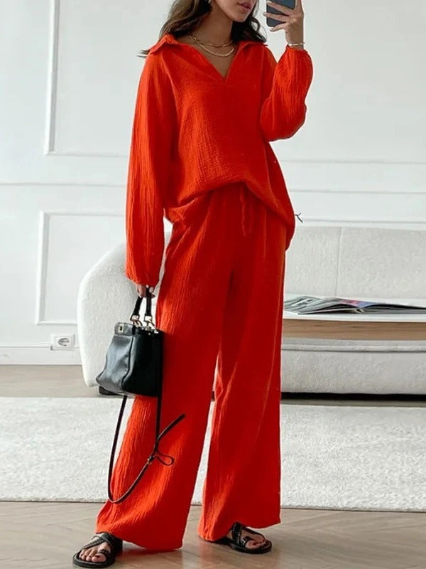 NTG Fad Casual loose long-sleeved lapel top + drawstring trousers two-piece set