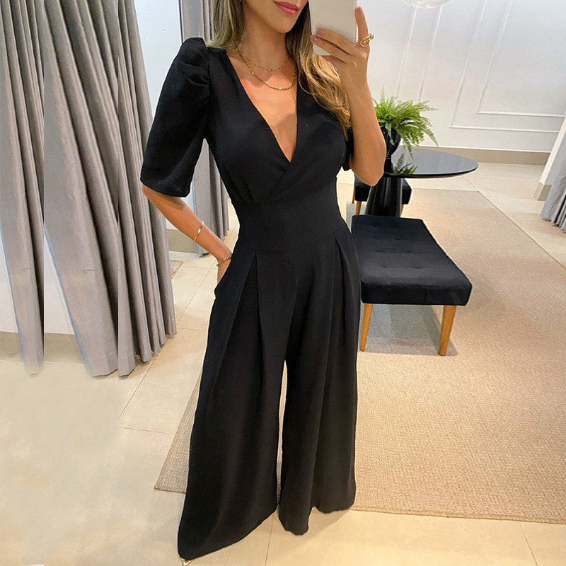 NTG Fad Casual V-neck lace-up high-waist puff short-sleeved wide-leg jumpsuit