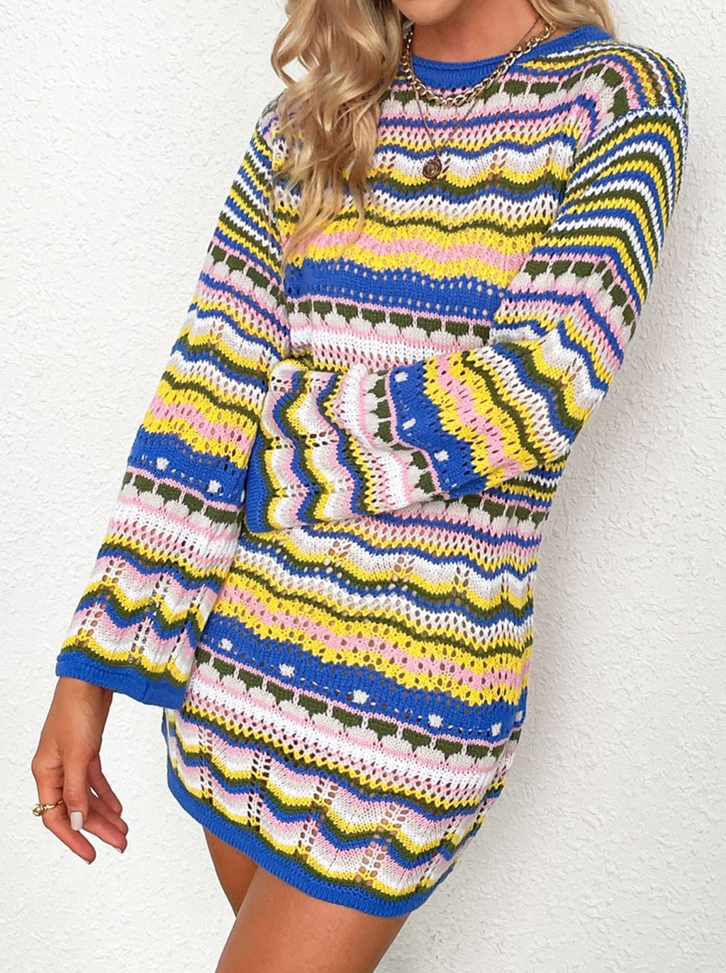 NTG Fad Clothes Autumn and winter rainbow striped pullover mid-length sweater