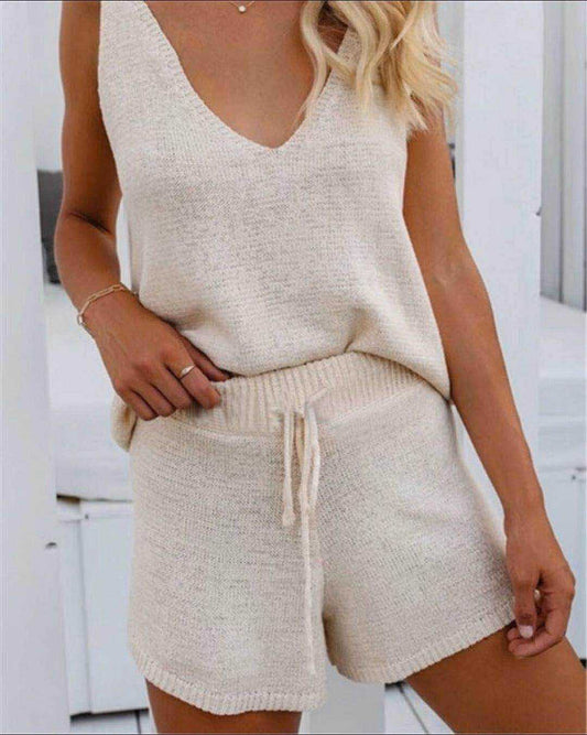 NTG Fad Clothing Apricot / S Sleeveless knitted solid color hollow blouse two-piece set