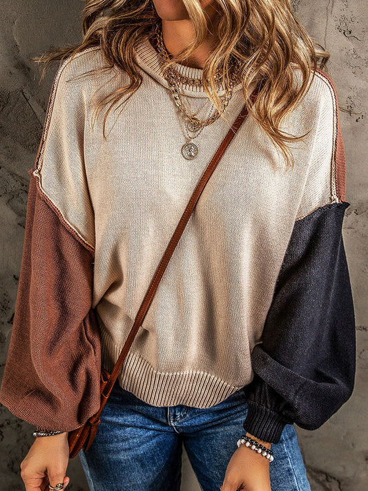 NTG Fad Clothing Brown / S Long-sleeved loose versatile contrast color pullover sweater