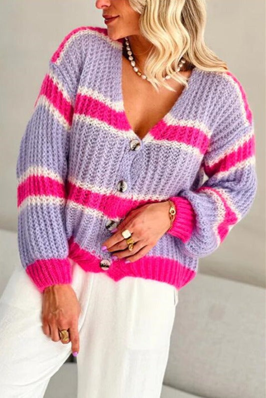 NTG Fad Clothing Contrast striped loose V-neck long-sleeved sweater cardigan