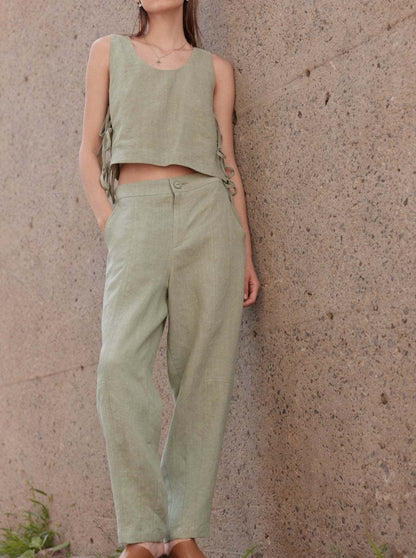 NTG Fad Clothing Green / S Side Tie Tank Top Trousers Set-(Hand Make)