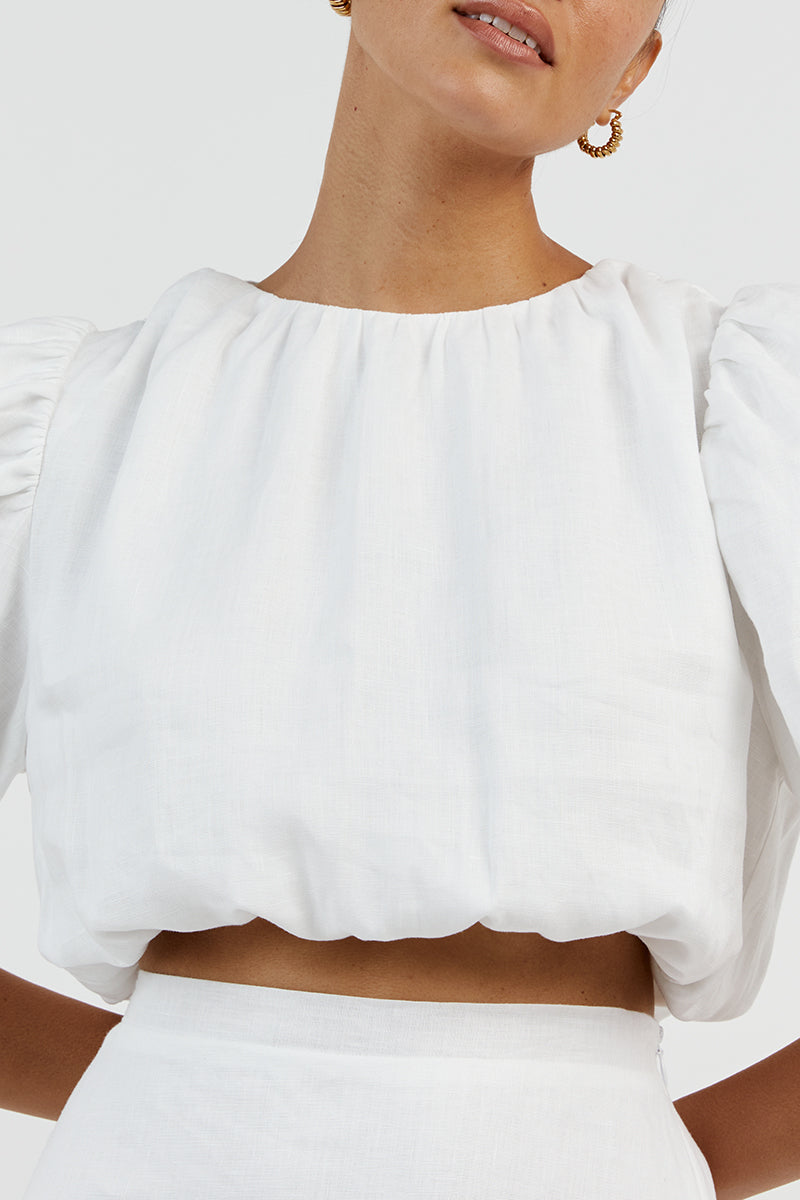 NTG Fad Clothing NAT WHITE GATHERED LINEN CROP TOP-(Hand Make)