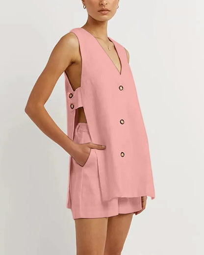 NTG Fad Clothing Pink / S V-neck side slit vest shorts suit