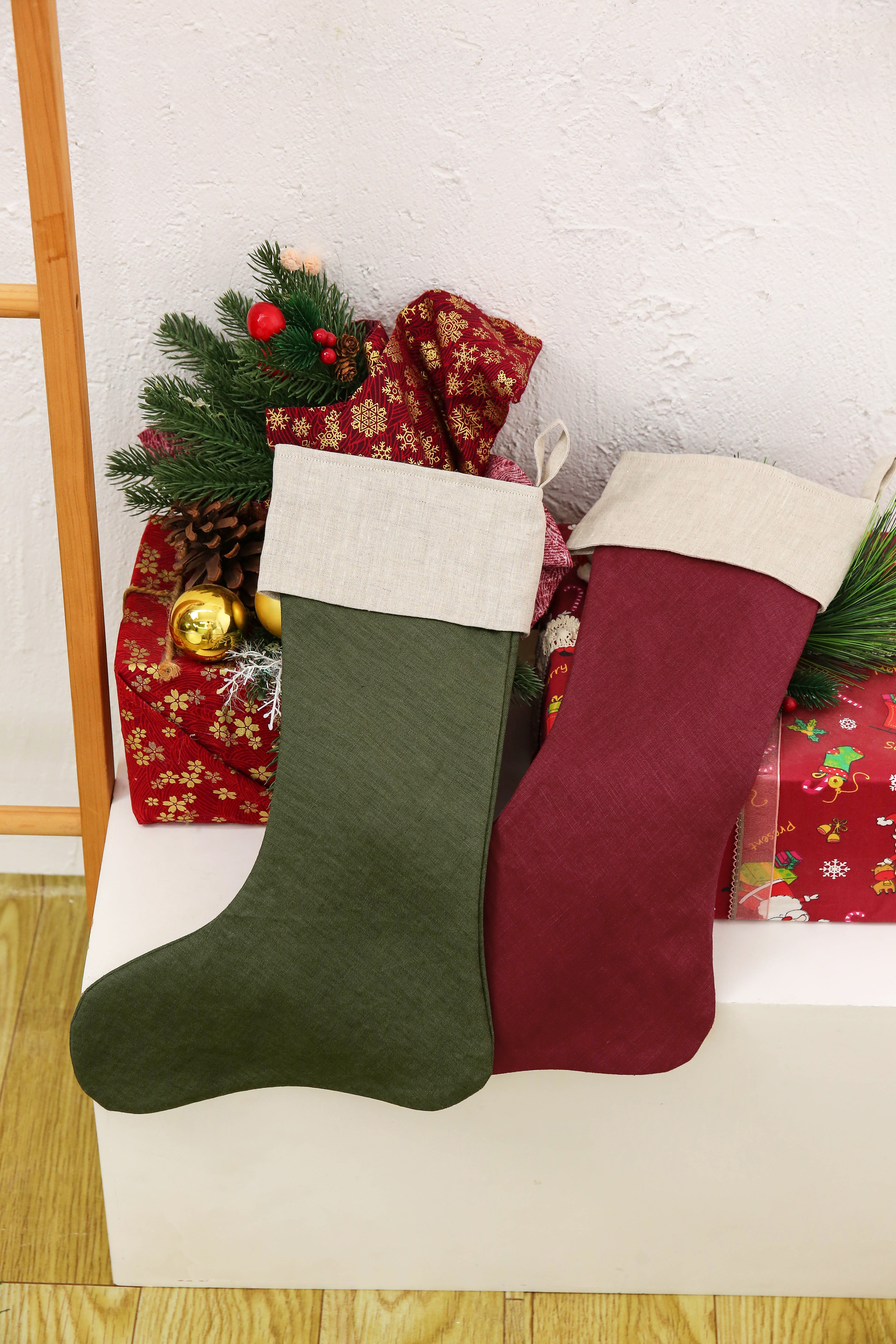 NTG Fad Clothing Pure Linen Color Block Christmas Socks Decorative Socks