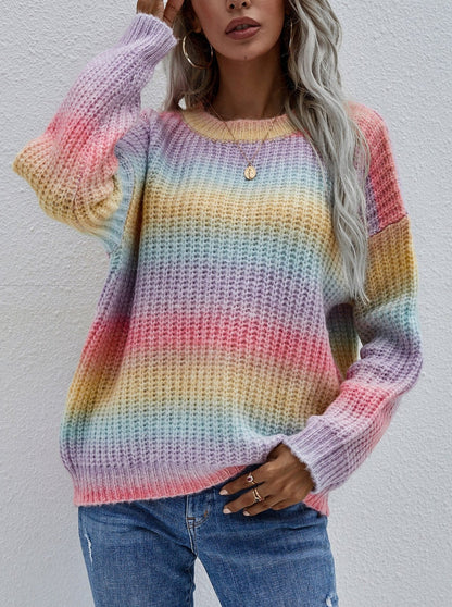 NTG Fad Clothing Rainbow / S Gradient striped crew neck loose knitted sweater