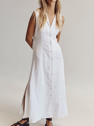 NTG Fad Clothing WHITE / 2 DREW WHITE LINEN SLEEVELESS DRESS-(Hand Make)