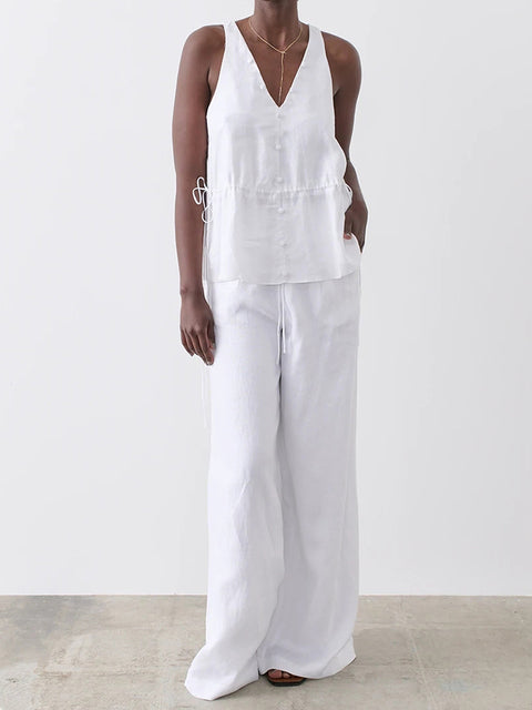 NTG Fad Clothing White / S Cotton linen V-neck tie vest elastic waist suit