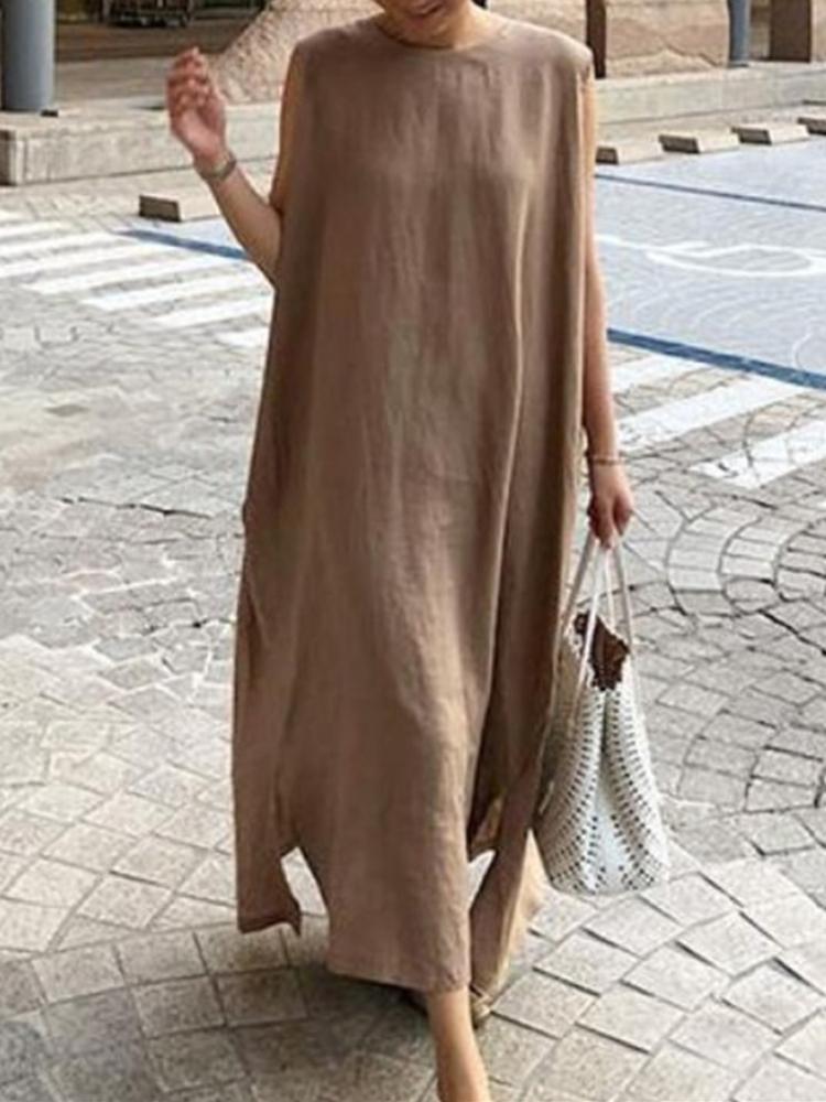 NTG Fad coffee / S Loose Cotton And Linen Round Neck Sleeveless Maxi Dress