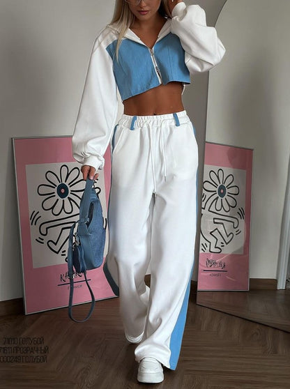 NTG Fad Colorblock zipper hooded sweatshirt loose wide-leg pants two-piece set