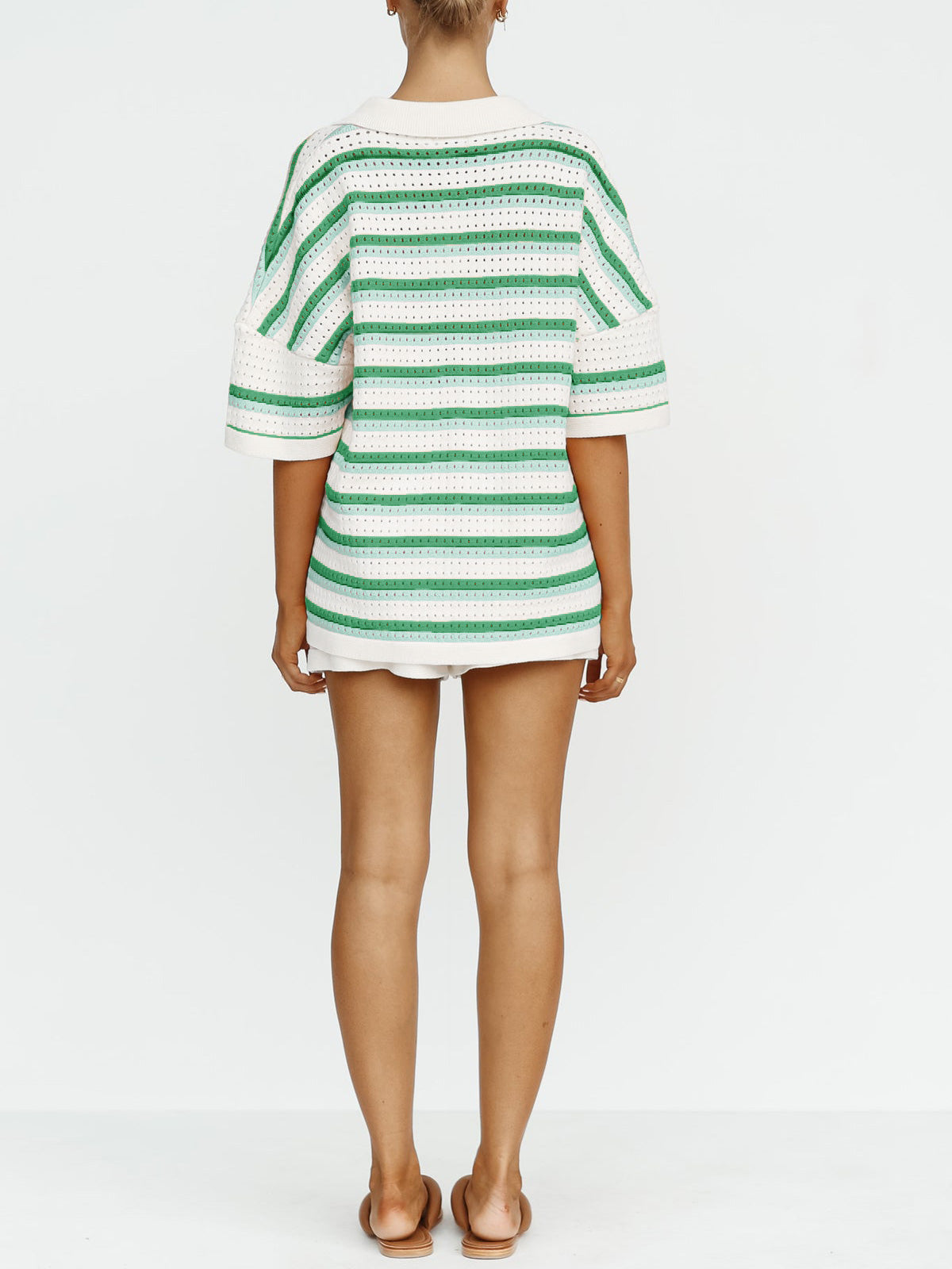 NTG Fad Contrast striped loose knit cardigan shorts set