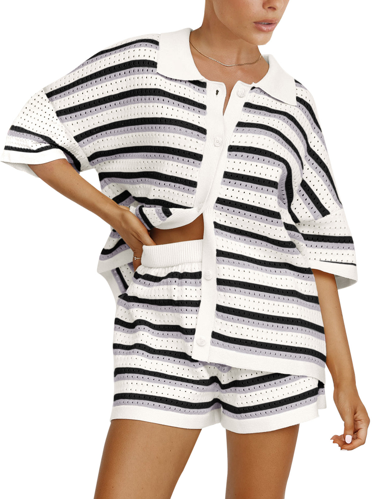 NTG Fad Contrast striped loose knit cardigan shorts set