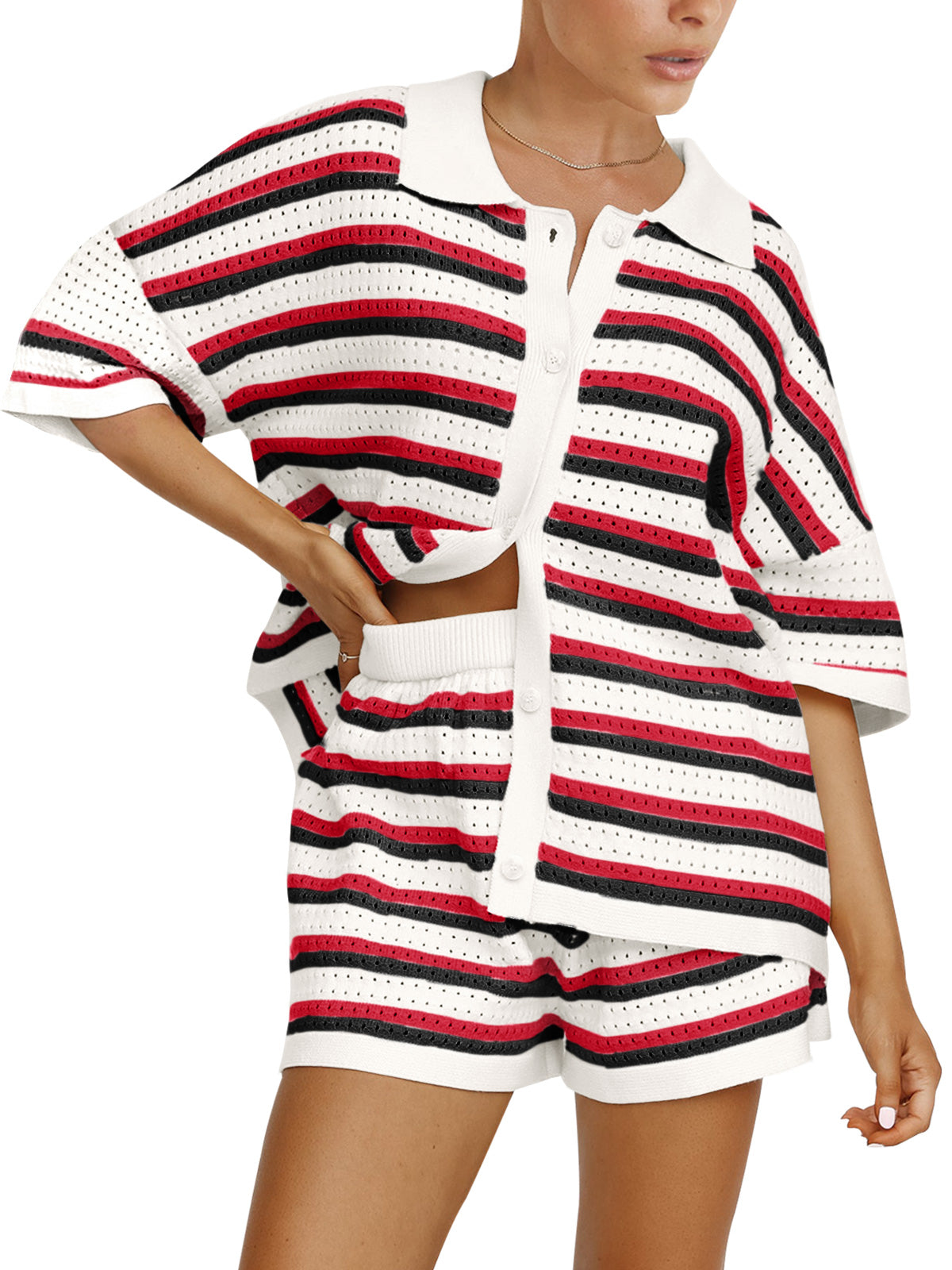 NTG Fad Contrast striped loose knit cardigan shorts set