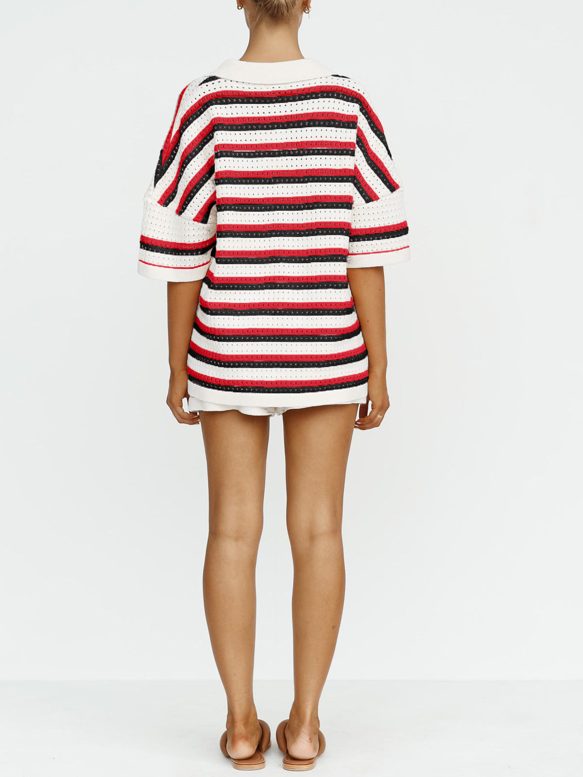 NTG Fad Contrast striped loose knit cardigan shorts set