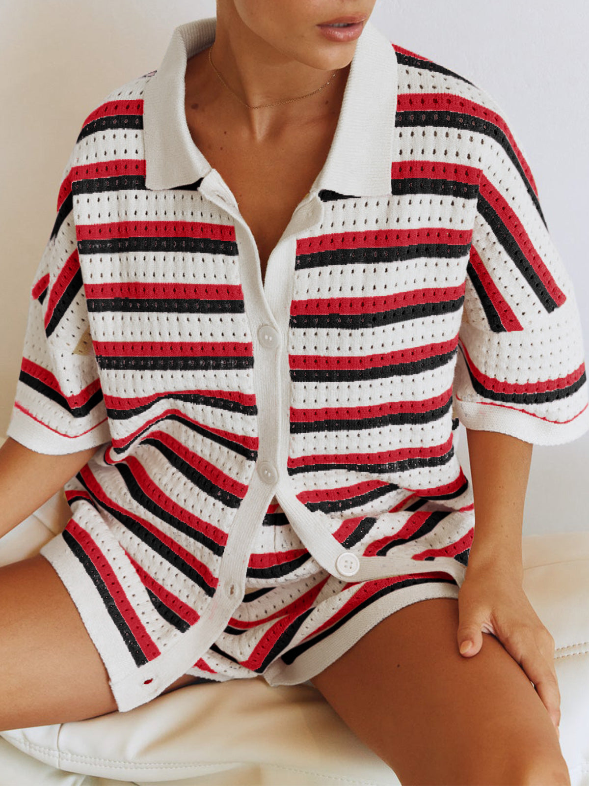 NTG Fad Contrast striped loose knit cardigan shorts set