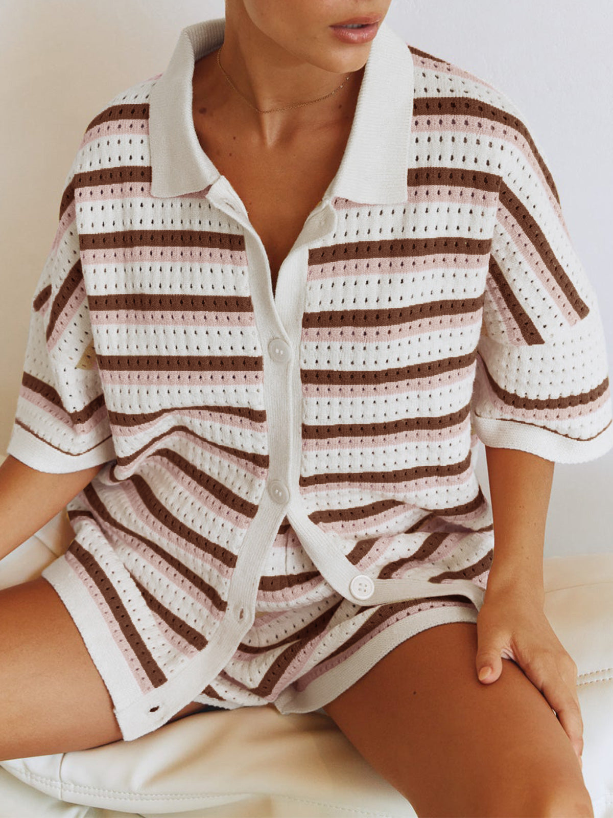 NTG Fad Contrast striped loose knit cardigan shorts set