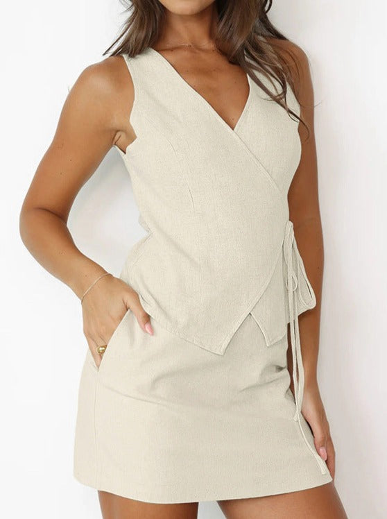 NTG Fad Cotton and Linen Sleeveless V-Neck Vest Slim Fit Hip Skirt Suit