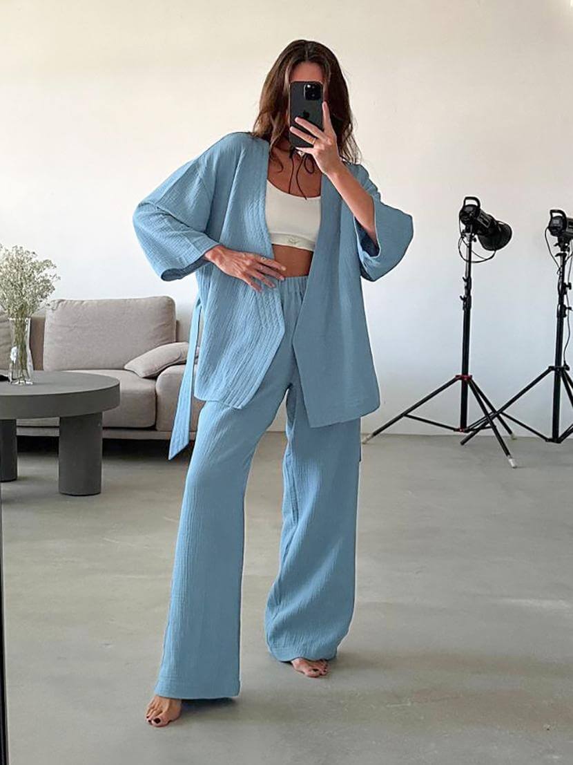 NTG Fad Cotton Cardigan Tie Robe Pajama Set