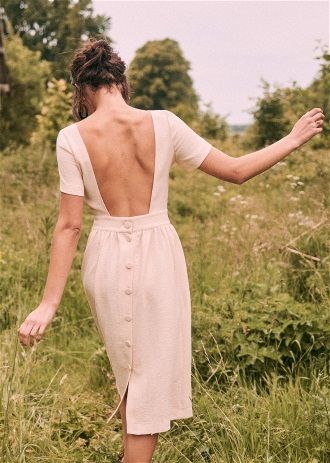 NTG Fad Cotton linen backless short sleeves dress (Hand Made)