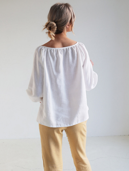 NTG Fad Cotton Linen Blouse Bloom with Tie Neck