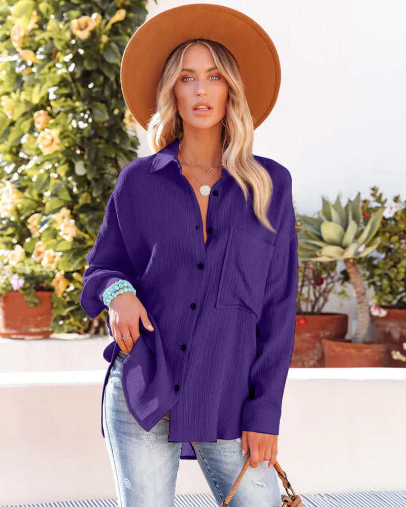 NTG Fad Crinkle Crepe Casual Top Button-Down Long Sleeve Shirt Loose Blouse with Pocket
