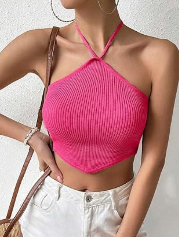 NTG Fad Cropped Halter Neck Tie-Back Knit Tank Top