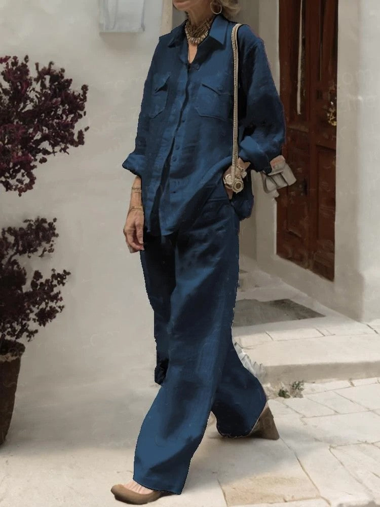 NTG Fad Dark blue / S Long-sleeved Shirt Loose Pants Set