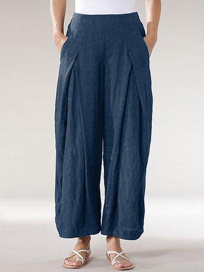 NTG Fad Dark Blue / S Women's Comfortable Cotton Linen Cropped Straight Casual Wide Leg Pants