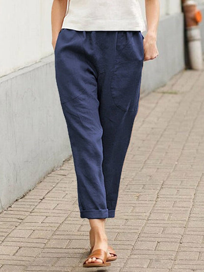 NTG Fad Dark Blue / S Women's Cotton Linen Solid Color Loose Pocket Harem Pants